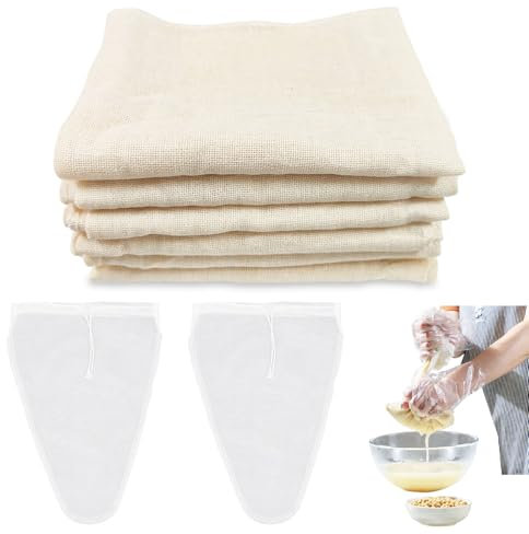 ZOCONE 6 Telas Filtrante 50 * 50cm Reutilizable y 2 Bolsas Filtro Leche Vegetal Paños de Queso Colador de Tela Filtrante Zumo Cafe Filtro Colador Cocina Paños de Filtro Algodón