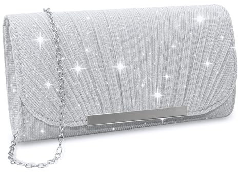 ZOCONE Damen Clutch Silber Glitzer Handtasche Silberne Clutch Envelope Abendtasche Damen Elegant mit Kette Umhängetasche Silber Kettentasche für Hochzeit Dating und Shopping (A)