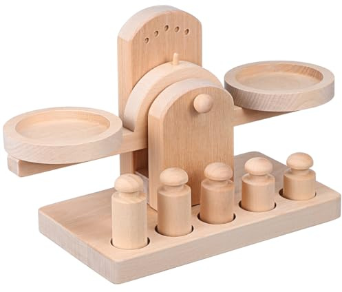 TEHAUX Wooden Balance Scale Toy for Kids with 5 Weights -Educational Math Learning Tool - Smooth Finish Stable Base Creative Assembly Stem Toy for Classroom Home