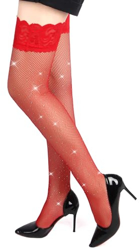 ohmydear nätstrumpor för strumpebandshållare glitter för kvinnor nylonstrumpor Overknees strumpor XS-5XL spetsstrumpor stora storlekar med halkfri silikon 1 par, röd, 3XL-5XL