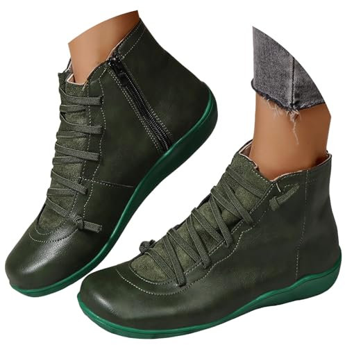 knöchelschuhe damen weiß, Winter Stiefeletten Damen Rund Toe Flache Knöchelschuhe Westernstiefel Damen Leder Schuhe Schnürstiefeletten Reißverschluss Damenstiefel Bequeme Weiche Winterstiefel