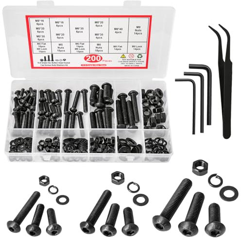 Nuts and Bolts Set M5 M6 M8, CYLBAQ Black Hex Socket Head Cap Screws Bolts and Nuts Kit, 200PCS Round Head Machine Screws Assortment Kit Set, Hex Bolt and Nut Assorted Set