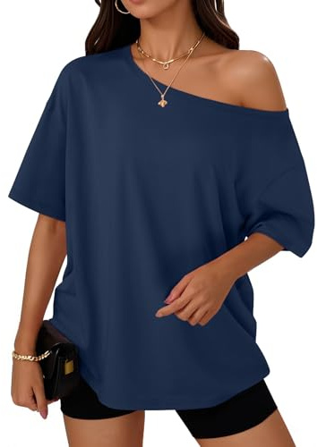 Trendy Queen Womens Off The Shoulder Tops Oversized T-Shirts Short Sleeve Tees Summer 2026 Casual Spring Clothes Workout Gym Y2k Cute Going Out Plus Size Fashion Clothing Navy XL