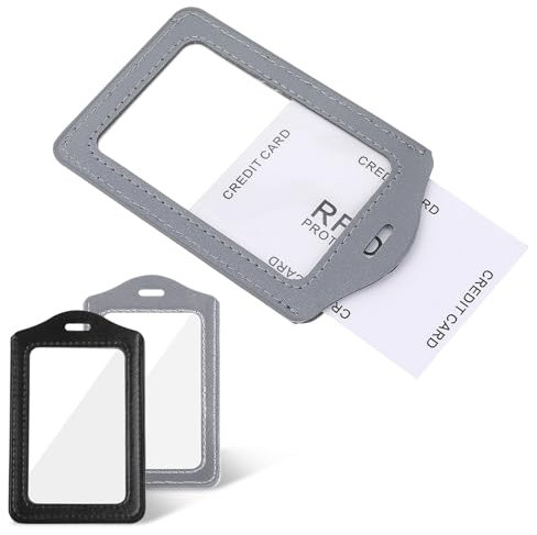 2 PCS ID Badge Holders, Vertical Leather Card Holders with Double-Side Clear Window Transparent Name ID Suit for Office Staff Students Employee(Black and Gray)