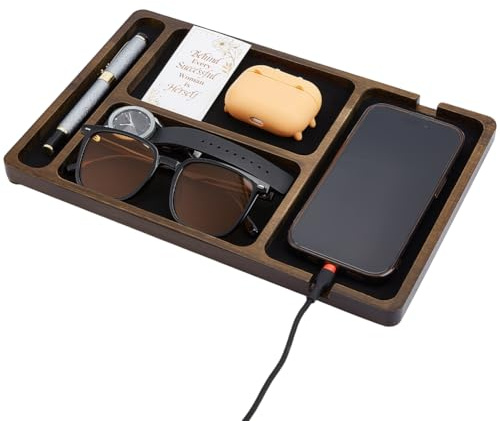 BENECREAT Wood Valet Tray, Black Wooden Catch All Tray, Tabletop Organizer for Key, Phone, Wallet, Watch, Earbud, Nightstand Storage Container, Watch Holder, 19.4x29.6cm