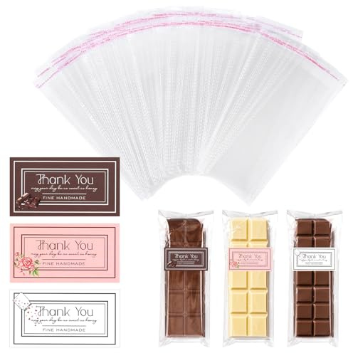 Tinoaly 100 Pièces Emballages de Barres de Chocolat, Emballages Barres Bonbons avec 100 Autocollants Remerciement Fourniture d'Emballage Dessert Auto-Scellant pour la Fête à la Maison