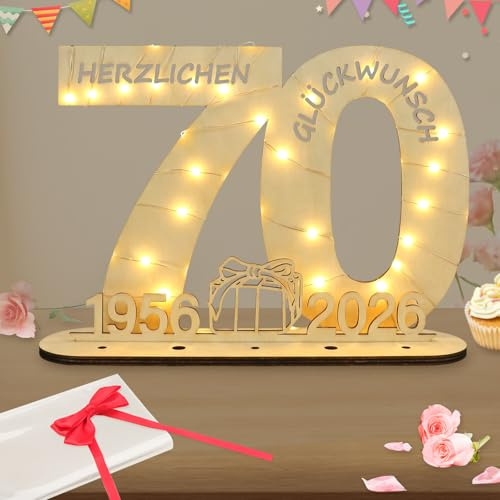 Seutgjie Decorazione per 70° compleanno, donna uomo, regalo in denaro, 70 pezzi, in legno originale, con catena luminosa a LED, per uomini e donne, anniversario, decorazione da tavolo 1956-2026