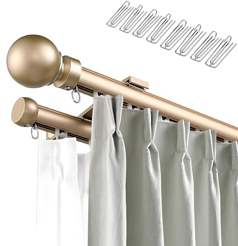 Barras de Cortina Doble con Ganchos para Montaje en Pared, Rieles para Cortinas Silenciosa para Divisor de Ambientes, Sala de Estar, Dormitorio 50cm 120cm 340cm 500cm 600cm(Gold,70cm)