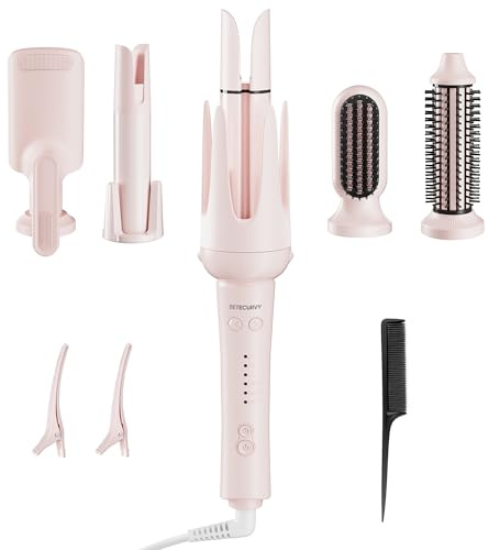 BETECURVY 5 in 1 Automatic Curling Iron Set with Interchangeable Ceramic Barrels, Straightening & Volumizing Brush, 3 Temp & Timer, Fast Heating Dual Voltage – 1/1.25 Inch + Wave Set