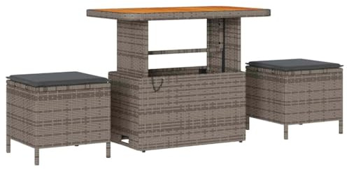 Mhdvray Gruppo da pranzo da giardino grigio polyrattan 100 cm tavolo 2 sgabelli imbottiti in legno di acacia, struttura in acciaio, design moderno, robusto e durevole, per terrazza, balcone, giardino