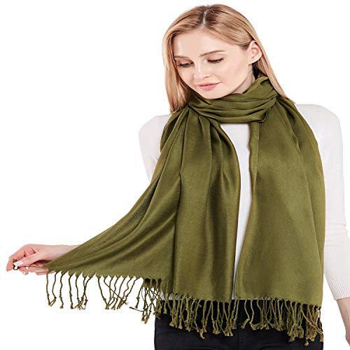 CJ Apparel Olive Green Solid Color Tassels Design Nepalese Shawl Seconds Scarf Wrap Stole Throw Head Wrap Pashmina Gift Hand Made in Nepal New