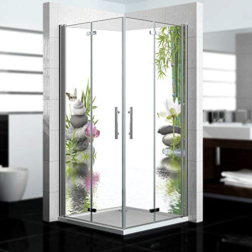 dedeco Paroi de douche d'angle en aluminium avec motif zen V3 - 2 x 90 x 200 cm - Parfait comme paroi arrière de salle de bain pour remplacer le carrelage, convient à de nombreuses salles de bains