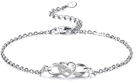 LYL.Adorer Damen Fußkettchen,Infinity Unendlichkeit Herz,925 Sterling Silber,Zirkonia ähnlich Diamant,Armkette Verstellbar Knöchel Armband,Weihnachtsgeschenke für frauen
