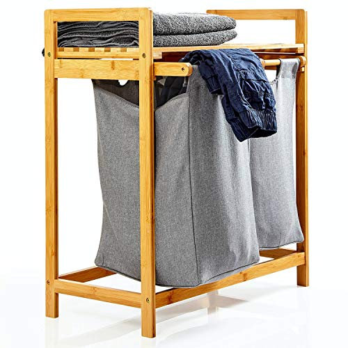 bambuswald© Cesto de ropa sucia ecológico con 2 bolsas de ropa sucia extensibles hechas de bambú - Estante para el baño y el dormitorio de aprox. 73 x 64 x 33 cm | Cesto de la ropa sucia