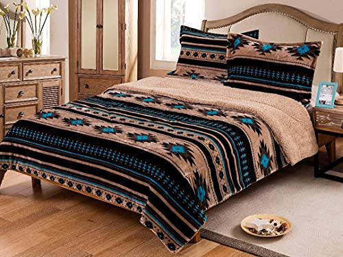 Linen Mart Southwest Aztec Sherpa Borrego Fleece Blanket - 3 Piece Set (Tan, Queen)