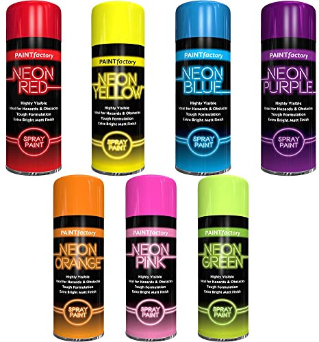 Classic Signature 7 x Fluorescent Bright Neon Spray Paint Multipurpose Aerosol DIY Graffiti (Banksey) N0 CFCs Extra Bright Assorted Colours Paint Blue Green Orange Pink Yellow Red Purple 200ml - D3