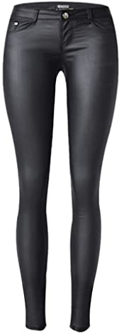 Dninmim Pantalones ajustados de piel sintética de cintura baja para mujer, para primavera, otoño, sexy, color negro