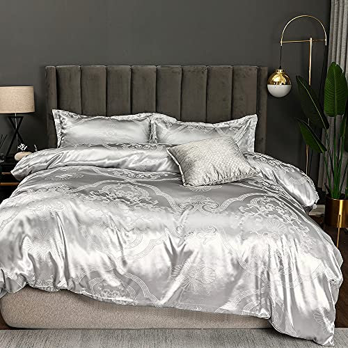DXHOME Satin Bettwäsche 200x200cm Silber Grau Glänzend Glatt Microfaser Sommerbettwäsche Barock Muster Vintage Microfaser Bettbezug Set mit Reißverschluss und 2 Kissenbezügen 80×80 cm