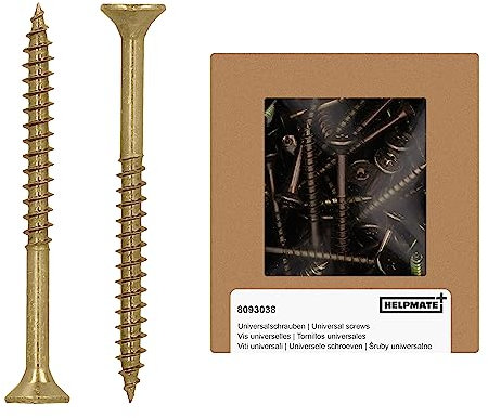 HELPMATE - Vis universelles tête fraisée 5x60 passivées jaune - 100 vis à bois avec entraînement en T et filetage partiel - Boulons pour panneaux de particules pour l'intérieur & l'extérieur protégé