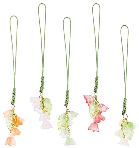 BENECREAT 5 Colors Cell Phone Strap Charms, Flower Pendant Charm Pocket Keychain Strap Leaf Phone Accessories for Car Key Purse Decoration Bags Keychain, 12cm long
