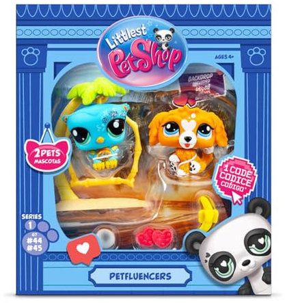 BANDAI Littlest Pet Shop Petfluencer Sunset Pals | Petfluencer-Set enthält 2 LPS Mini-Haustierspielzeuge, 4 Zubehörteile, 1 Hintergrund, 1 Sammelkarte und 1 virtuellen Code, Sammelspielzeug für