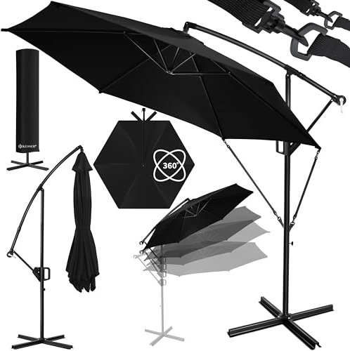 KESSER® Alu Ampelschirm Sonnenschirm + Abdeckung Ø300 cm & Kurbelvorrichtung Kurbelschirm mit Ständer UV-Schutz Aluminium Wasserabweisende Bespannung 360° Funktion Garten-Schirm Marktschirm Schwarz