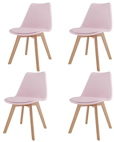 Bricozone Set di 4 Sedie per Sala da Pranzo Ufficio Soggiorno con Gambe in Legno di Faggio Massello Stile Nordico Scandinavo Seduta Imbottita in Ecopelle Rosa