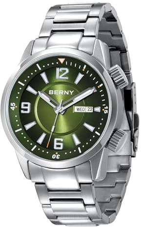 BERNY Taucheruhr für Männer Automatische Mechanische Armbanduhr 20ATM Wasserdicht Saphirglas Super Leuchtend Herrenuhren Edelstahlarmband-Grün