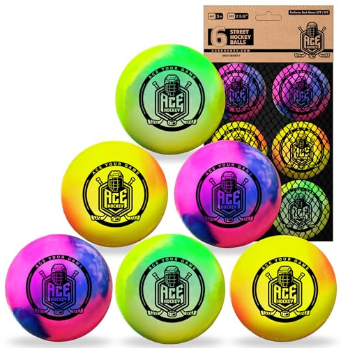 ACE HOCKEY Rainbow Street Hockey Balls - 6-Pack with Mesh Bag - No-Bounce Outdoor Play Balls for Street, Roller & DEK Hockey - Official Size 2 5/8 - High Visibility Bright Colors - PVC Build