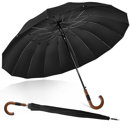 ZOMAKE Parapluie Canne 16 Côtes,55 Pouces Grand Parapluies Manche Bois,XXL Ombrelle Solide anti vent 2 Personnes,120 cm Umbrella Golf Automatique Homme Femme Avec étui en cuir PU décoré(Noir E)