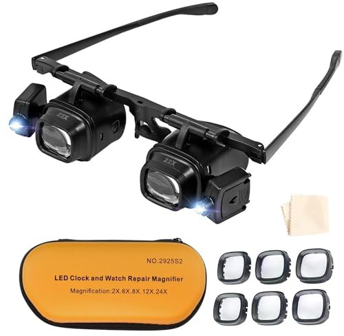 Kopflupe mit Licht, Kopf Lupenbrille für Brillenträger Lupenglas 2.0X 6.0X 10.0X 24.0X Fach Vergrößerung für Juwelierlupe, Lesen Hobbys, Nähen, Handwerk