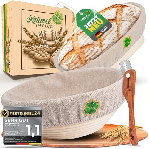 Krümel im Glück® 3-teiliges Gärkorb Back-Set rund und oval mit Bäckermesser. Rattan Gärkörbchen als Backzubehör für Sauerteig Starter-Set, Brotkörbchen und Gärkörbe–glutenfreies Backen