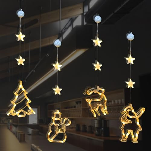 4 stycken LED-gardinljusslinga, juldekoration, fönsterljus, hängande LED, julbelysning, batteridriven med sugkopp, LED-ljusgardin för inomhus utomhus, ljuskedja för julgran (lång)