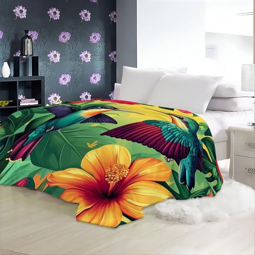 Kuscheldecke 180 x 220 cm Weich und Gemütlich Sofadecke Cartoon Blumen Kolibris Drucken Decke für Kinder Jungen Mädchen Grün Winter warm halten Raumdekor Wohndeckes