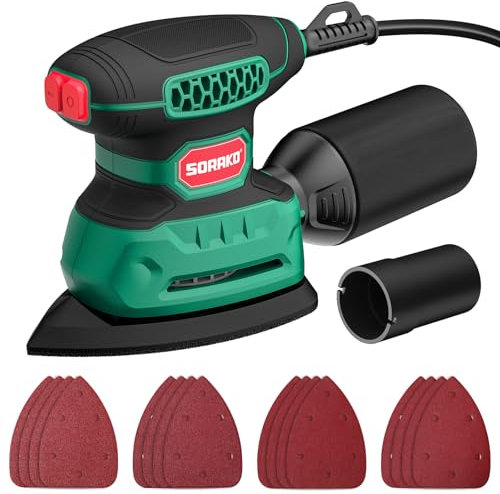 SORAKO Lijadora Madera 220W 14000 OPM Lijadora Electrica Con Bolsa Para Polvo Y 16 Hojas De Lija, Ideal Para Lijar Superficies De Madera Y Acero En Espacios Reducidos