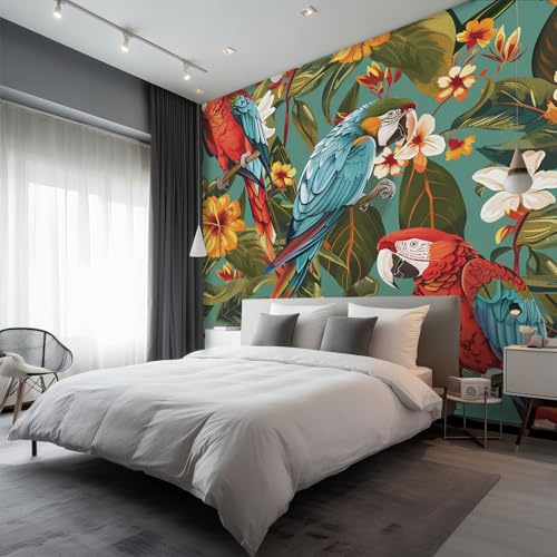 Générique Papier Peint Panoramique 350 x 256 cm, Papier Peint Perroquet Oiseau Tropical Image Photo Murale Wallpaper Pour Chambre, Salon, Mur TV Artistique, Restaurant Décoration Murale, Vert
