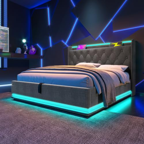 Upholstered Ottoman Bed with 360 Surround Led Function&Charging Station, 5ft King Size Bed Frame with Hydraulic Lift&Storage Headboard,Linen Functional Upholstered Bed Frame with Slat,No Mattress,Grey