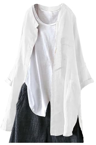 Cardigan d'été long en lin pour femme - Haut d'été surdimensionné en lin - Manches longues - T-shirt d'été décontracté - T-shirt léger - Élégant - Tunique - Couleur unie - Avec poches