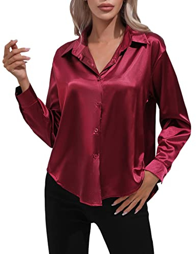 Camicette di Seta da Donna Blusa in Raso a Maniche Lunghe Camicetta in Chiffon Casual Camicia Seta da Lavoro con Scollo a V Classico Maglietta Ufficio Ampia Moda Top Business Basic Button Down