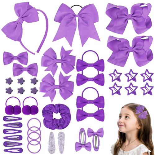 LOPHE Accesorios Pelo Niña, 77 Unidades Lazos Pelo Bebe, Horquilla de Lazo Set con Gomas Elástica, Clips, Pinzas de Estrella, Coleteros, Varios Estilos, Prendedores Pelo Niñas (Morado Oscuro)