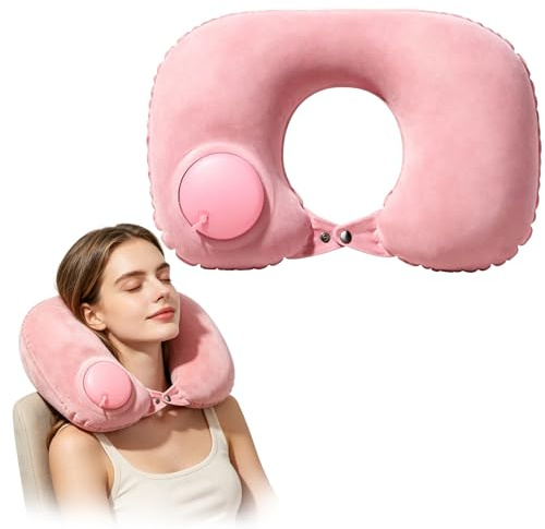 HUSHRICH Inflatable Travel Pillow, Press to Inflate Neck Pillow for Travel, Blow Up Neck Pillows for Flights, Small U-Shaped Headrest Cushion for Airplanes (Pink)