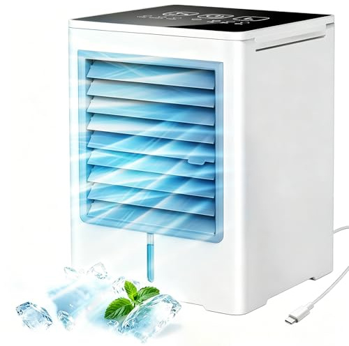 Aire Acondicionado Portatil, 3 en 1 USB Climatizador Evaporativo Silencioso, Ventilador con Agua 470 ml, 3 Velocidades, Temporizador, Pantalla Táctil, Enfriador de Aire para Dormitorio, Oficina