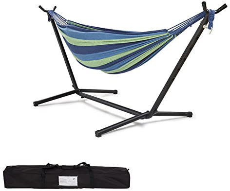 FLOKOO Garten Schaukeln Camping Schlafen Hängematte Hängestuhl Gartenmöbel Brasilianische Schaukel Metall Hängematte Ständer Strand Hängematten,Blau