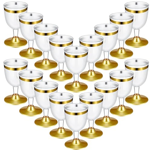 Didaey 48 Pcs Disposable Plastic Wine Glasses 6 oz Party Wine Cups Hard Plastic Drinking Glasses with Stem Stackable Stemmed Goblets for Champagne Dessert Wedding Home Toasting(Gold Rim)