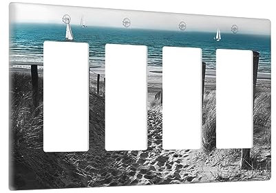 Black and White Beach Quad Rocker Light Switch Cover Decorative 4 Gang Decora Wall Plate Teal Coastal Nautical Sand Dune Scenery GFCI Device Electrical Dimmer Faceplate for Bathroom Kitchen Home Decor