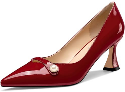 NobleOnly Womens Mid Heel Pointed Toe Slip-on Pearls Dress Pumps Court Shoe Glitter Casual Patent Leather Shoes 6 CM Heels Wine Red 8 UK