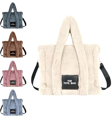 Aucuu plysch tygväska för kvinnor flicka, fluffig handväska mjuk crossbody väska justerbar axelrem stor kapacitet för shopping skola resa arbete, Vitt