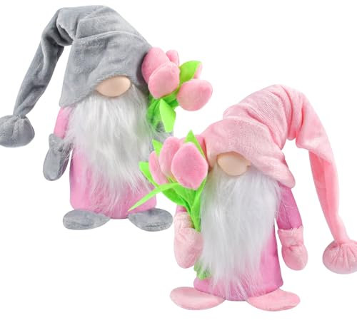 Funmo Frühling Wichtel mit Tulpen Blumensträuße, Frühlingsdeko, Handgefertigte Gefüllte Gesichtslose Puppe Zwerg Dekorationen, für Freundin Mama Hochzeitstag Muttertag, 2 Stück