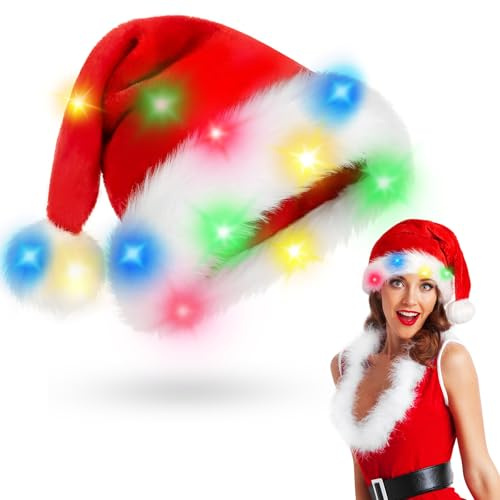 BOSONER Lighting Christmas Hats Santa Hat Xmas Hat Holiday for Adults Velvet Comfort Christmas Party Hat Thicken -Christmas Gifts New Year Festive Holiday Gifts for Men Wowen