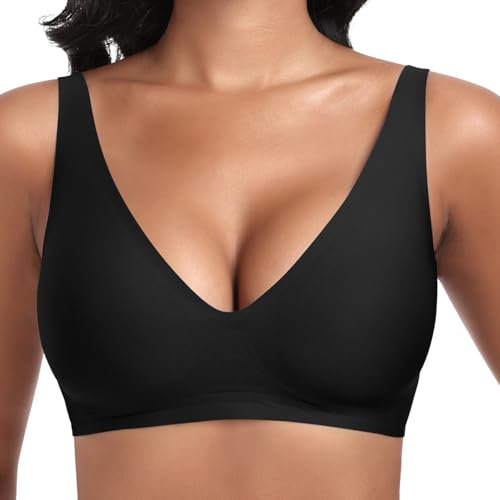 Jiuday Tiefer V Push Up BH ohne Bügel for Damen Bequemer BH für Große Brüste Starker Halt Seamless Soft Bra Bügelloser Gepolstert Nahtloser Glatter Bralette (Schwarz,XL)